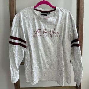 Zeta Tau Alpha ZTA Long Sleeve Large Grey Shirt with Maroon Stripes